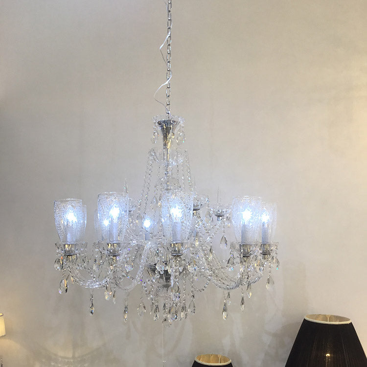 【Factory-Direct】HL-1906-10💎Crystal Glass Chandelier: Delicate Patterned Shades & Subtle Tinted Clarity 💎