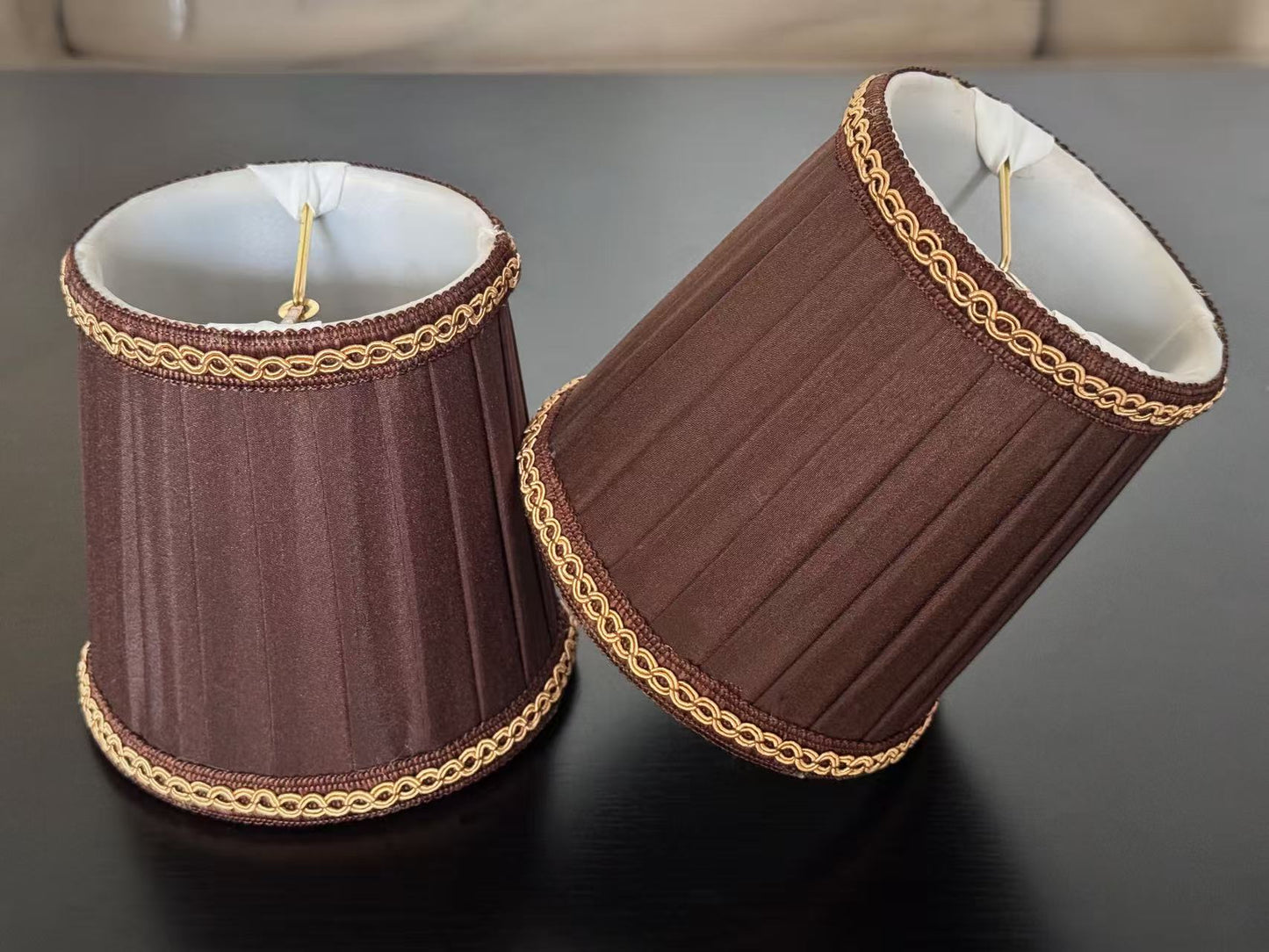 【Factory-Direct】💎 VINTAGE BAROQUE CHANDELIER SHADE: COFFEE SATIN WITH GOLD BRAIDED TRIM 💎100PCS