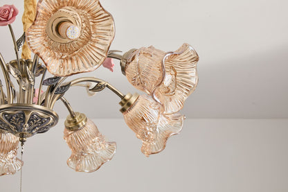 【Factory-Direct】HL-6808*8L💎 ARTISAN CERAMIC ROSE CHANDELIER: 8-LIGHT FRENCH AMBER 💎