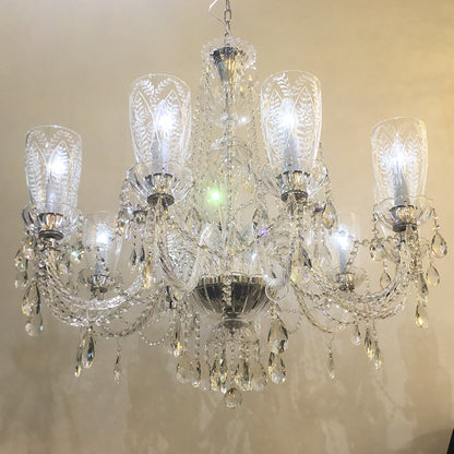 【Factory-Direct】HL-1906-10💎Crystal Glass Chandelier: Delicate Patterned Shades & Subtle Tinted Clarity 💎