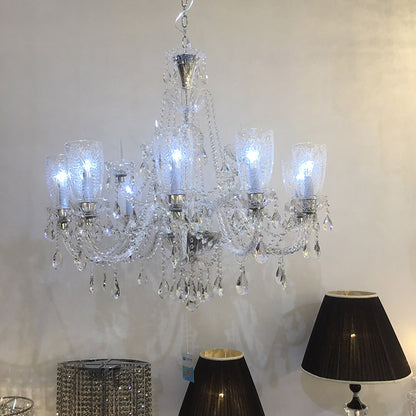 【Factory-Direct】HL-1906-10💎Crystal Glass Chandelier: Delicate Patterned Shades & Subtle Tinted Clarity 💎