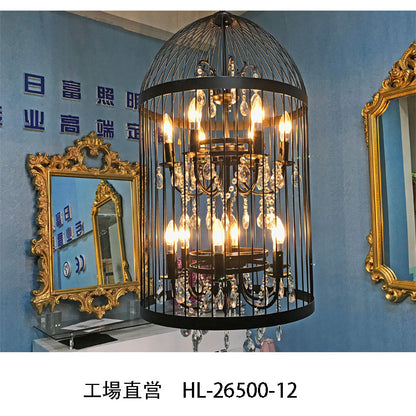 【工場直営】HL-26500-12💎  美式复古水晶鸟笼吊灯：金属线条与美学光影的艺术臻品 💎