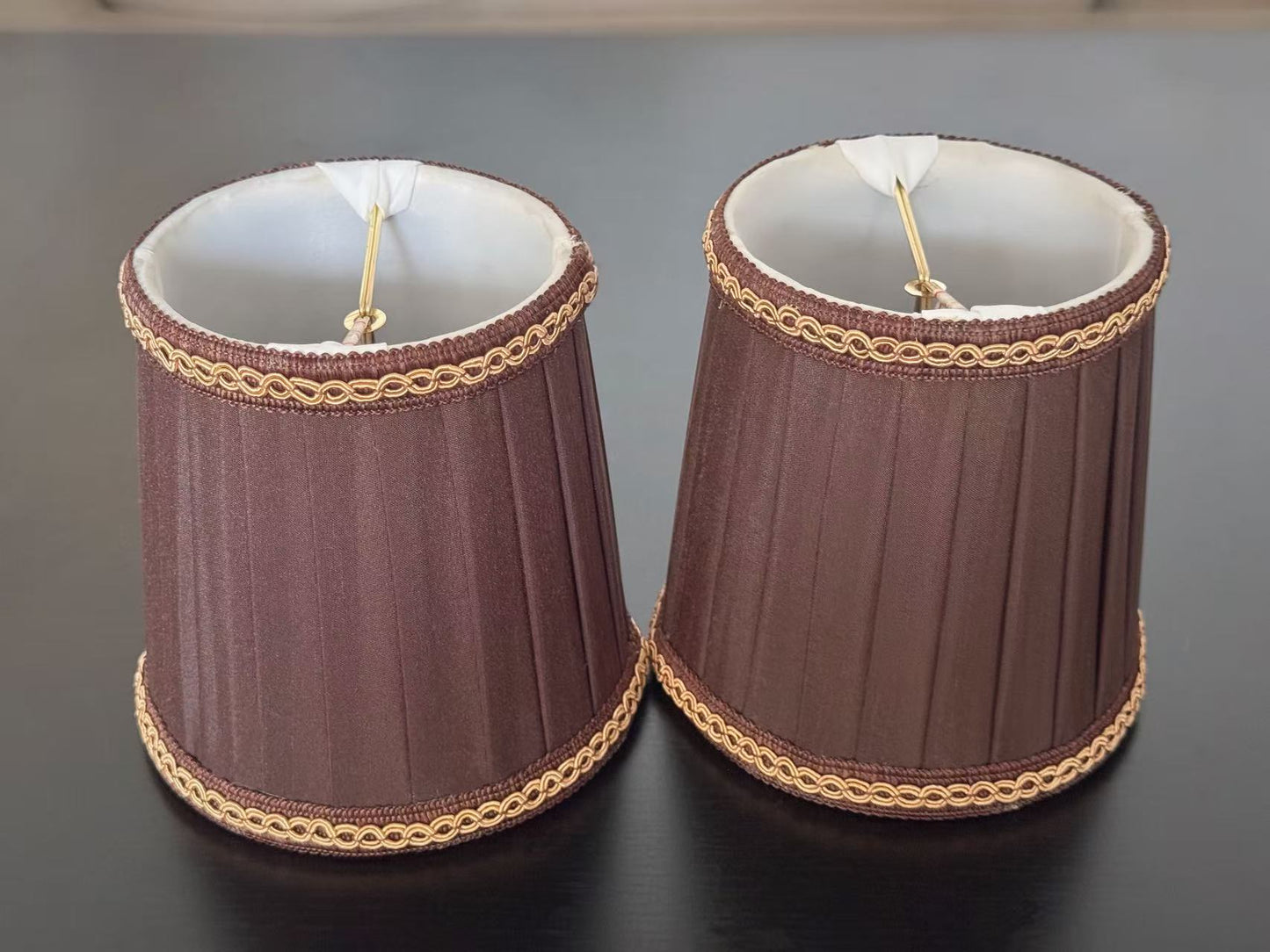 【Factory-Direct】💎 VINTAGE BAROQUE CHANDELIER SHADE: COFFEE SATIN WITH GOLD BRAIDED TRIM 💎100PCS