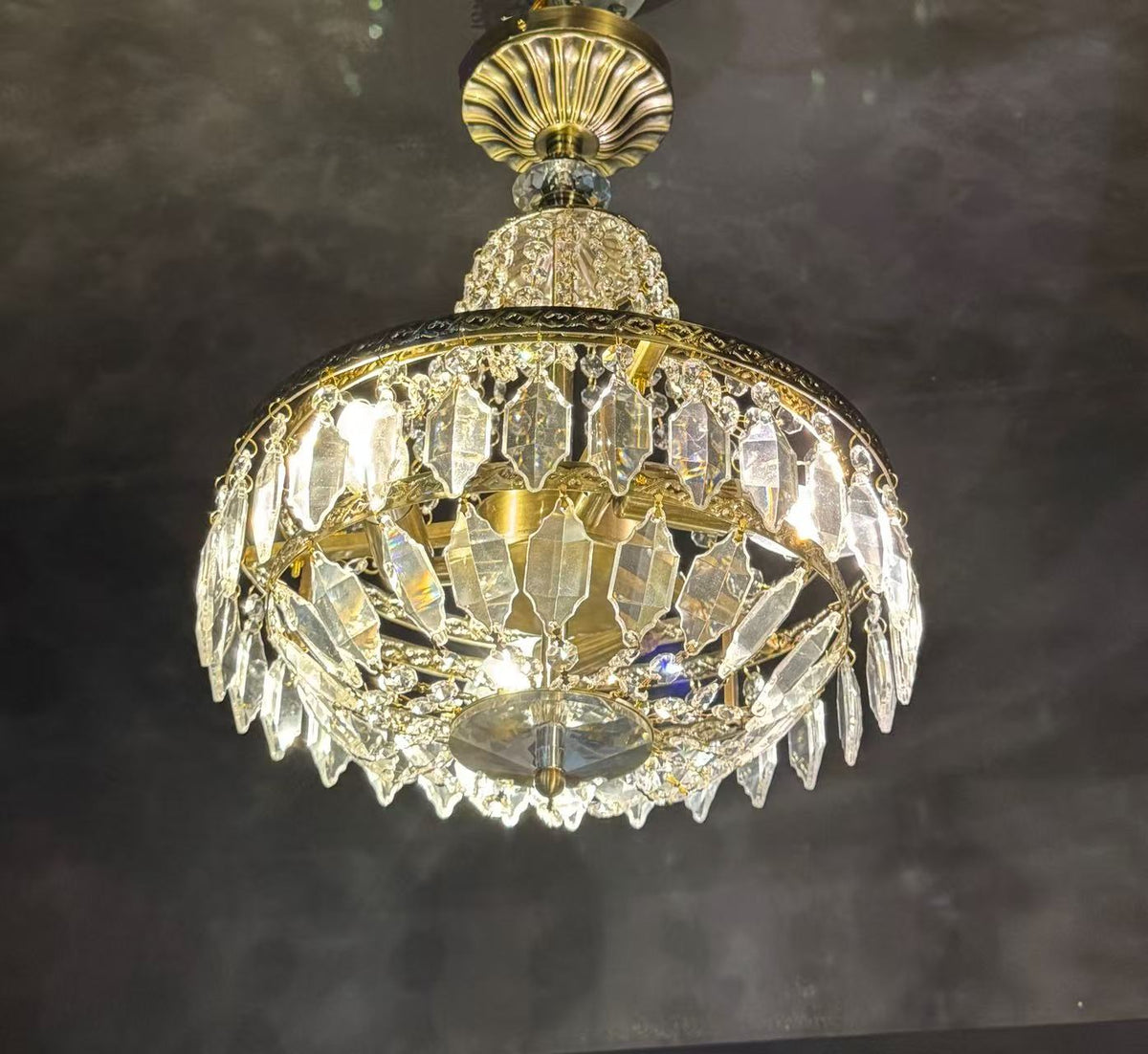 【工場直営】HL-1618-3L💎 アンティークブラス 帝国風クリスタルシーリングライト：華麗なる幾何学カットと贅沢な光影 💎
